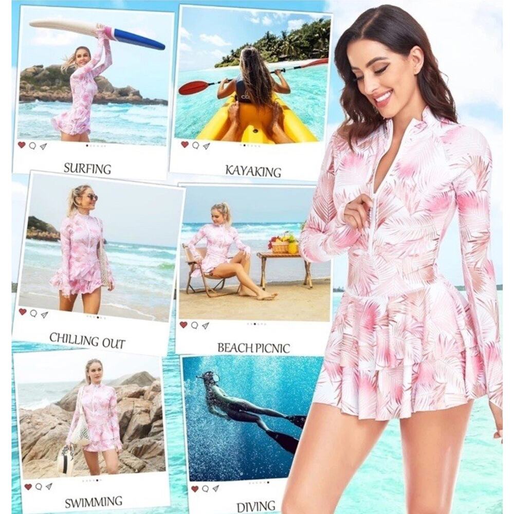 Uniquebella Rash Guard Swim Dress Swimsuit White Pink Modest One Piece NWT M - Picture 10 of 12